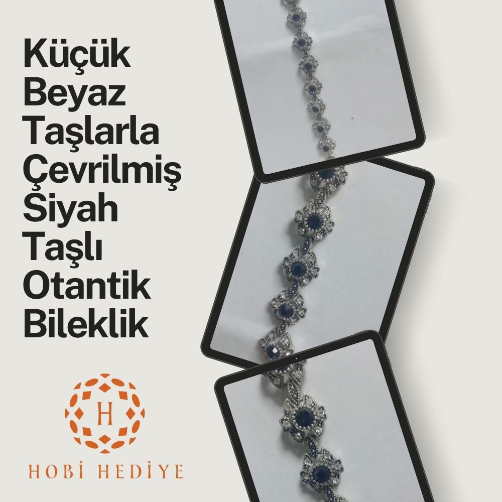 Küçük Beyaz Taşlarla Çevrilmiş Siyah Taşlı Otantik Bileklik